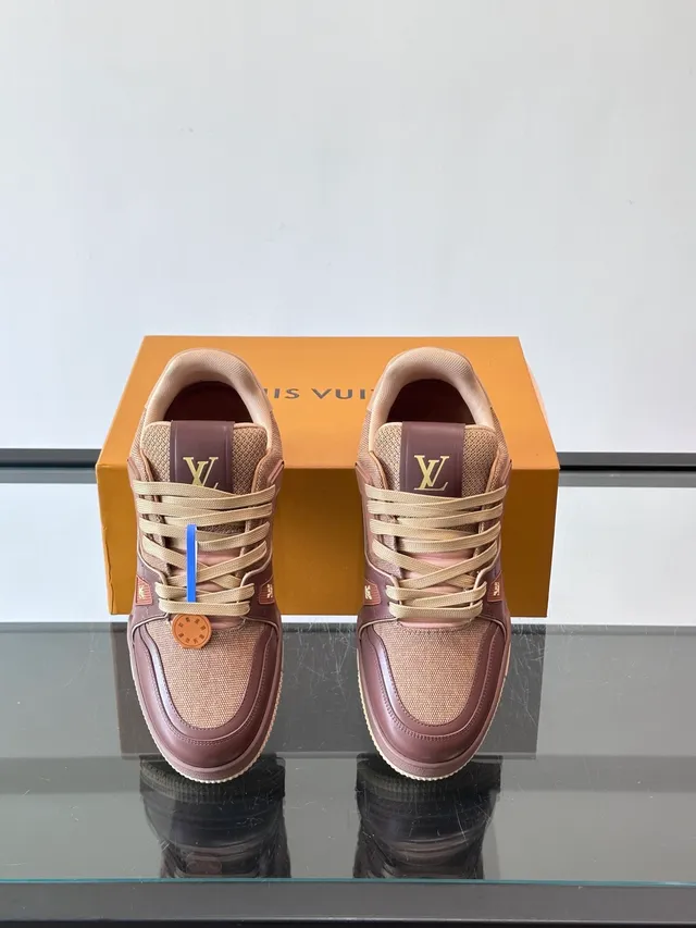 Louis Vuitton LV Trainer Brown Beige Layered Mesh And Leather Upper Monogrammed Strap Overlays Lifestyle Sneakers