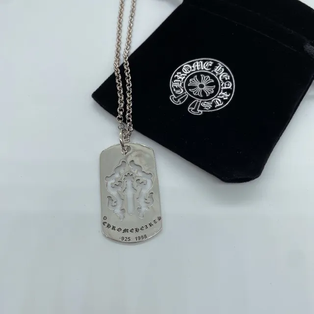 Chrome Hearts Dog Tag Necklace Silver Silhouette Cutout Cross-and-Sword Motif Necklace