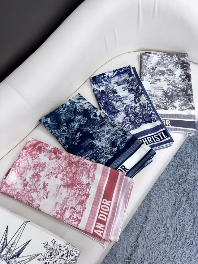 Dior Navy White Abstract Botanical Print Blue Base Silk Scarf