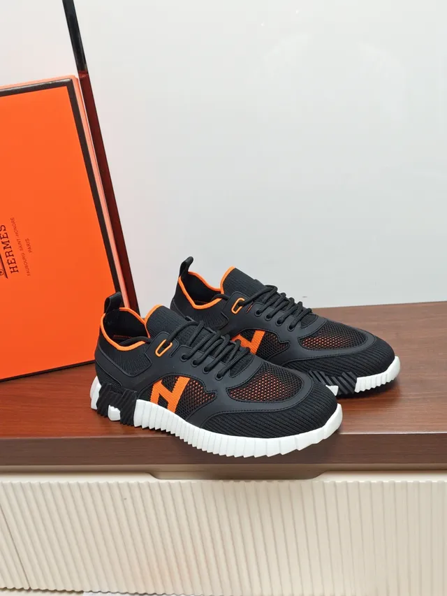 Hermès Black and Orange H Logo Knit Sneaker