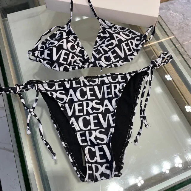 Versace Logo Print Black White Halter Triangle Top Swimwear