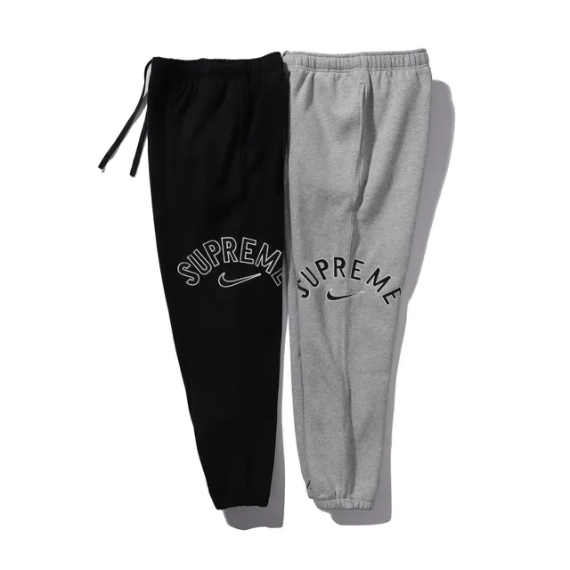 Supreme Arched Logo Gray Black Crewneck Sweatshirt Elastic-Cuff Joggers Tracksuit