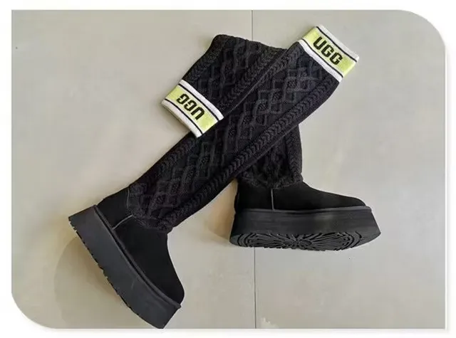 UGG Classic Black Yellow Platform Sole Ruched Knit Leg Warmer Knee Boots