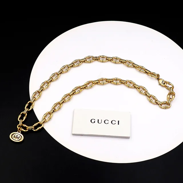 Gucci Bamboo Chain Engraved Double G Pendant Necklace