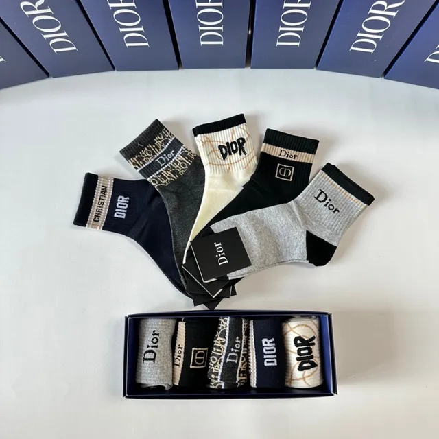 Dior Black Gray Ribbed Cuff Logo-Integrated Knit Socks