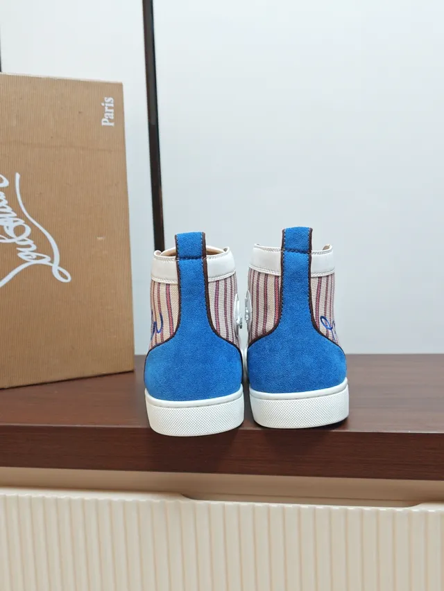 Christian Louboutin Loubi High White Blue Striped Canvas Lifestyle Sneakers