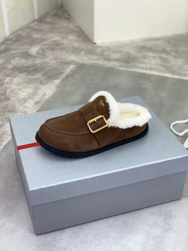 Prada Brown White Suede Upper Shearling-Lined Loafer