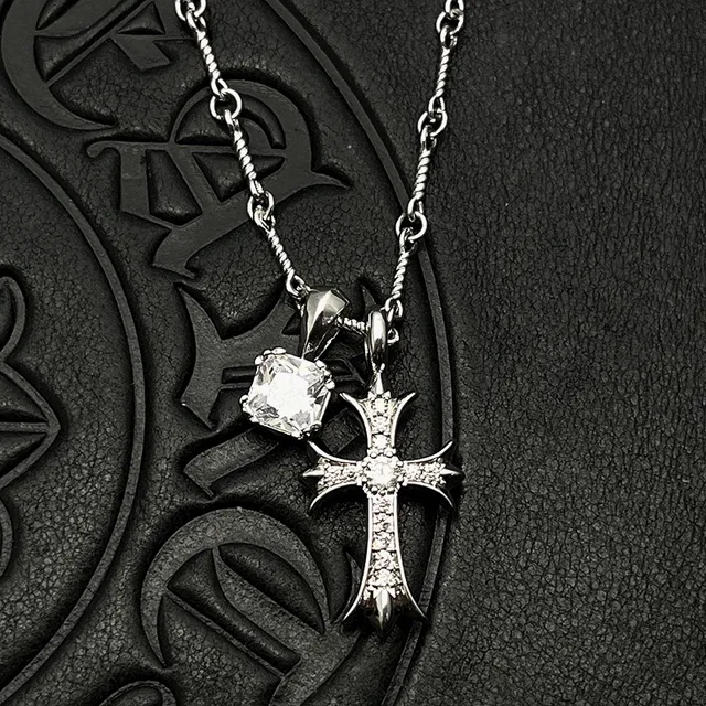 Chrome Hearts Cross Pendant Necklace Silver Purple Gothic Pavé Crystal Embellishment Necklace