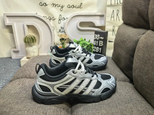 Adidas Gray Black Retro Runner Silhouette Mesh And Synthetic Overlays Chunky Sneakers