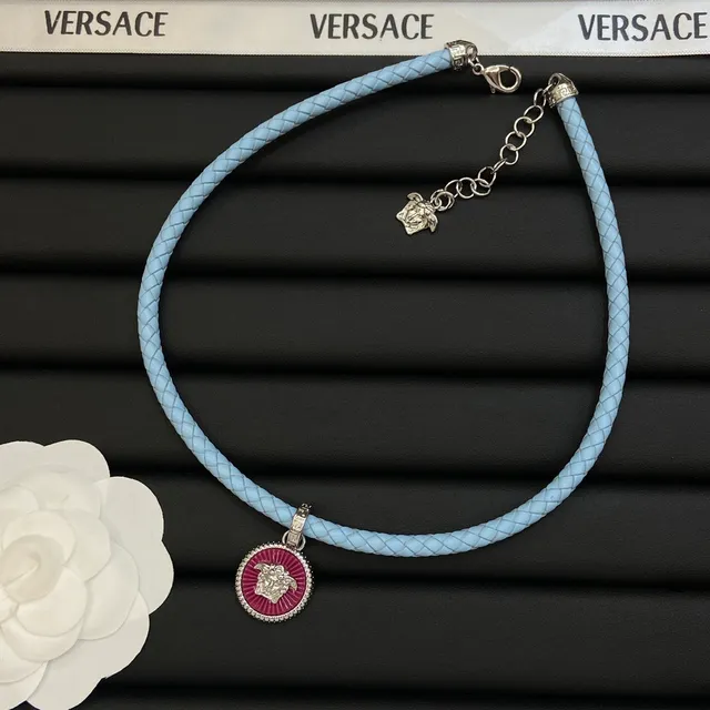 Versace Medusa Blue Pink Braided Leather Cord Enamel Pendant Necklace