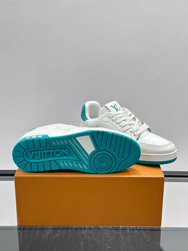 Louis Vuitton LV Trainer White Blue Structured Leather Upper Chunky Layered Midsole Lifestyle Sneakers