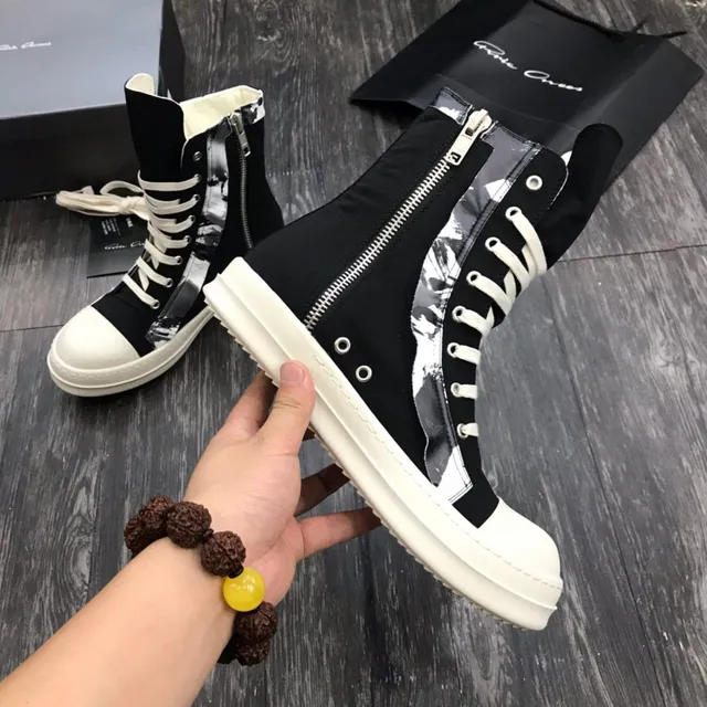 Rick Owens DRKSHDW Black White High-Top Platform Asymmetrical Paneling Ankle Boots
