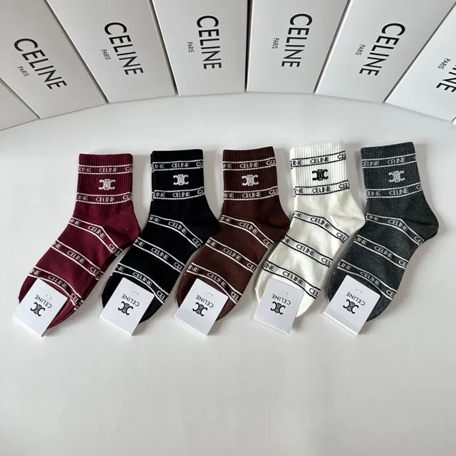 Celine Burgundy Black Logo-Band Cuff Ribbed Knit Socks