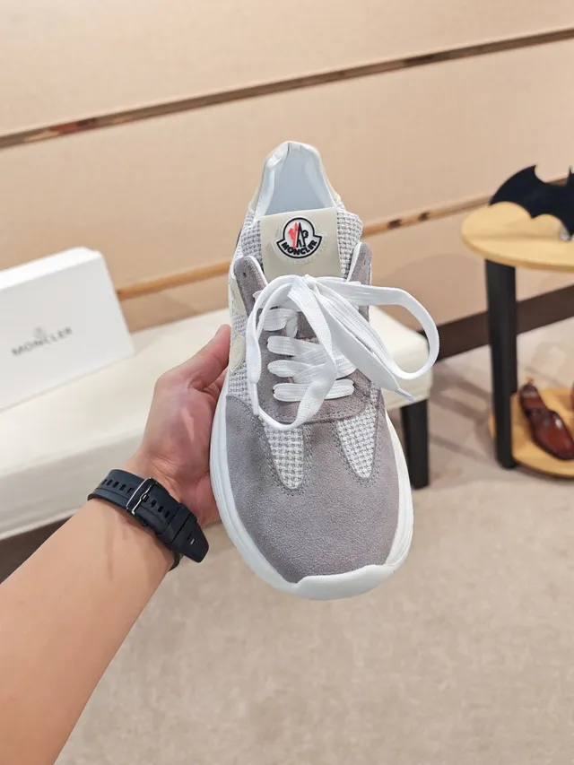 Moncler Gray Beige Mixed-Material Upper Houndstooth Textile Panel Sneakers