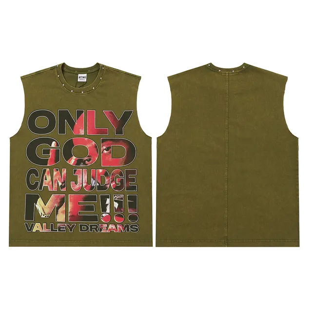Army Green Black Sleeveless Graphic-Print Vest Top