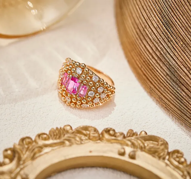 Gold Pink Bead-Set Pavé Diamond Accents Ring