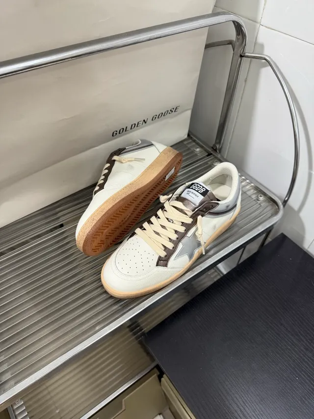 Golden Goose Beige Silver Star Logo Side Panel Perforated Toe Lifestyle Sneakers