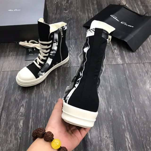 Rick Owens DRKSHDW Black White High-Top Platform Asymmetrical Paneling Ankle Boots