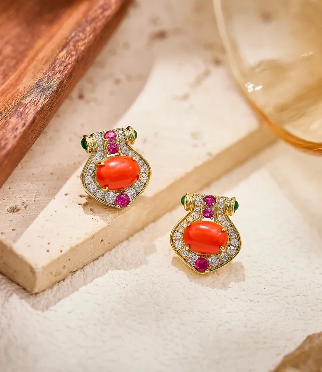 Gold-Tone Coral Cabochon Pave Diamond Halo Earrings