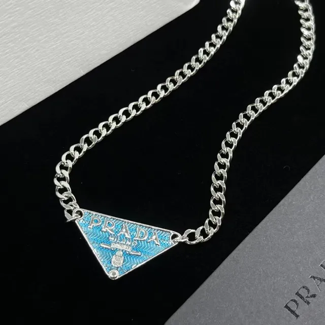Prada Silver Blue Curb Chain Triangular Enamel Pendant Necklace
