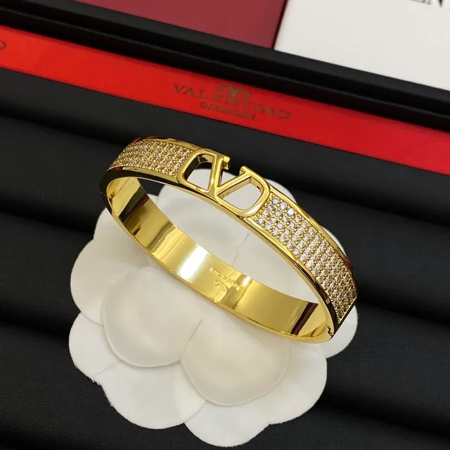 Valentino VLTN Pavé Crystal Open V Logo Bangle Bracelet