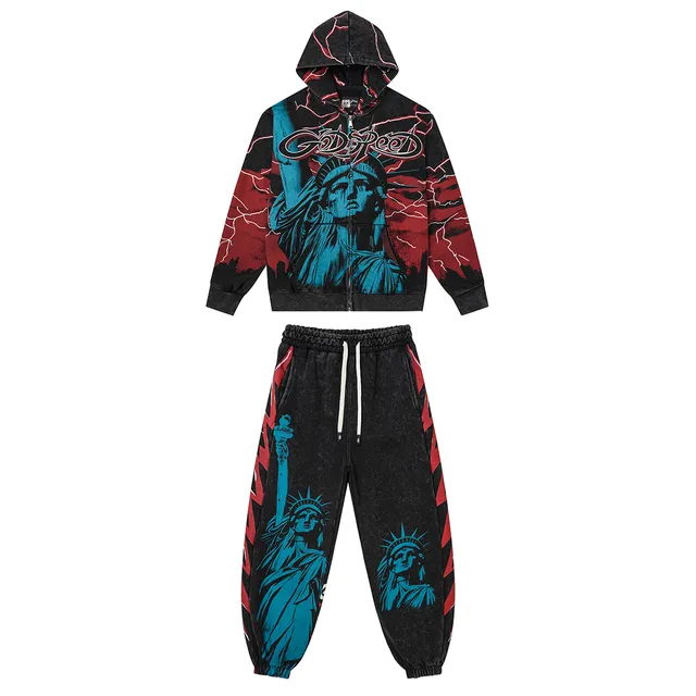 Godspeed Black Red Graphic-Print Acid-Wash Tracksuit