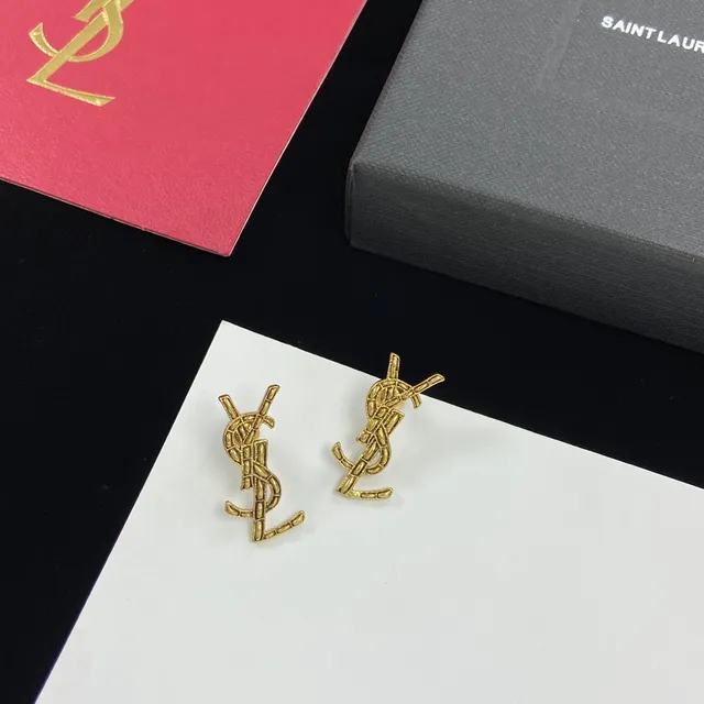 Saint Laurent Monogram Gold Silver Logo Stud Earrings