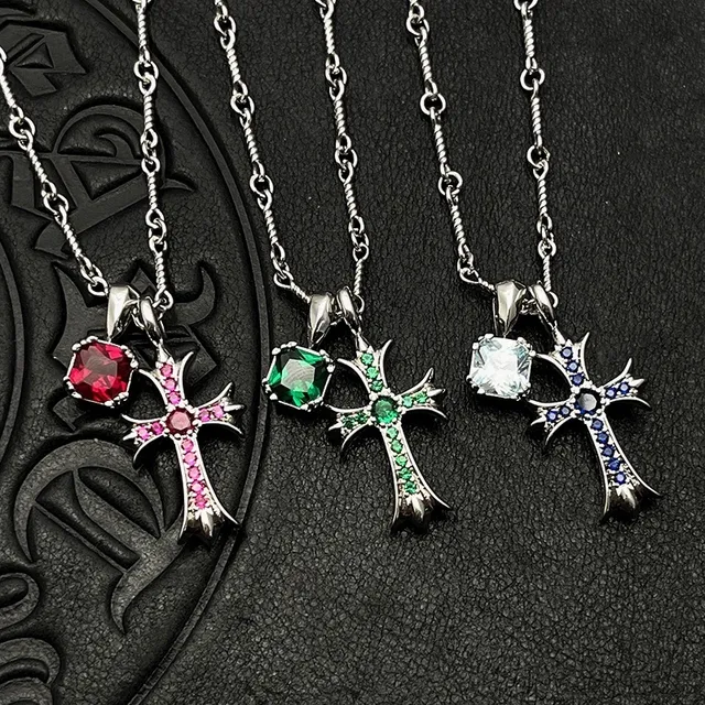 Chrome Hearts Cross Pendant Necklace Silver Purple Gothic Pavé Crystal Embellishment Necklace