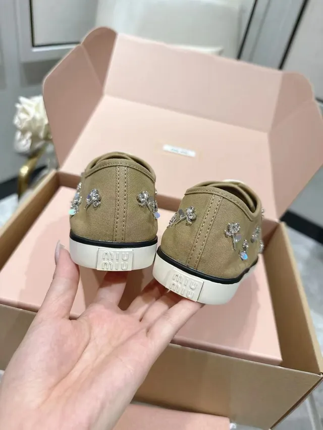 Miu Miu Beige White Embellished Crystal-Floral Sneakers