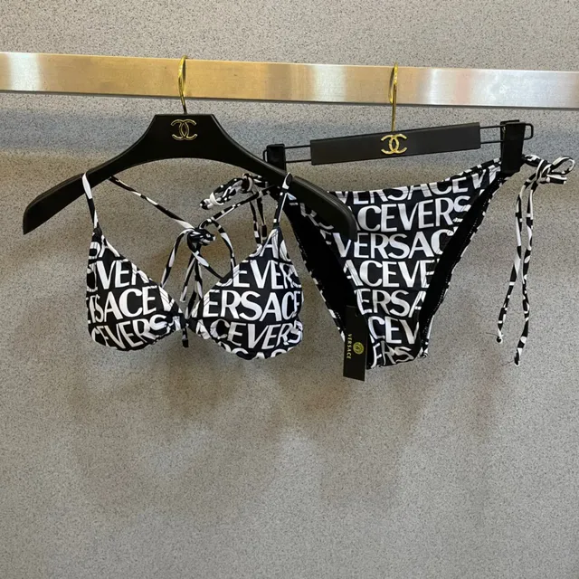 Versace Logo Print Black White Halter Triangle Top Swimwear
