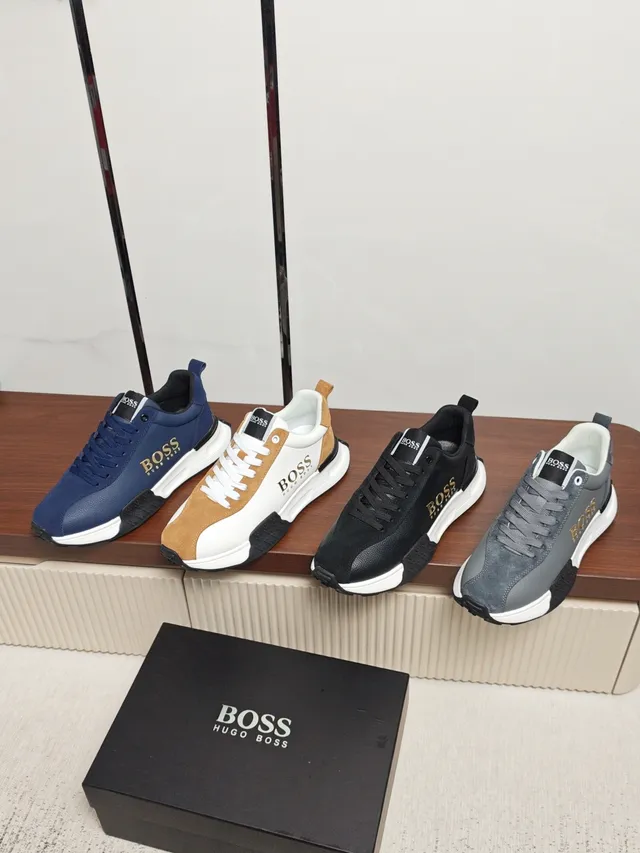Hugo Boss Black Gold Pebbled Leather Upper Branding Sneakers