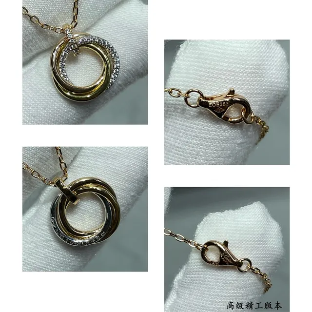 Cartier Gold Black Interlocking Double-Ring Pendant Pavé-Diamond Accent Necklace