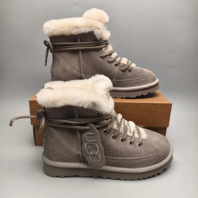 UGG Lace-Up Shearling-Lined Gray Suede Snow Boots