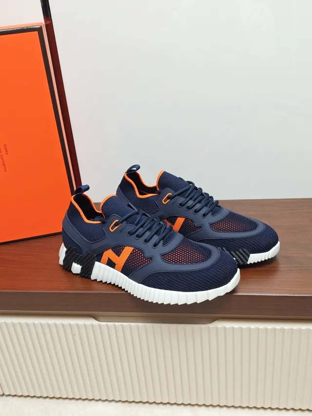 Hermès Navy and Orange Knit Sneaker