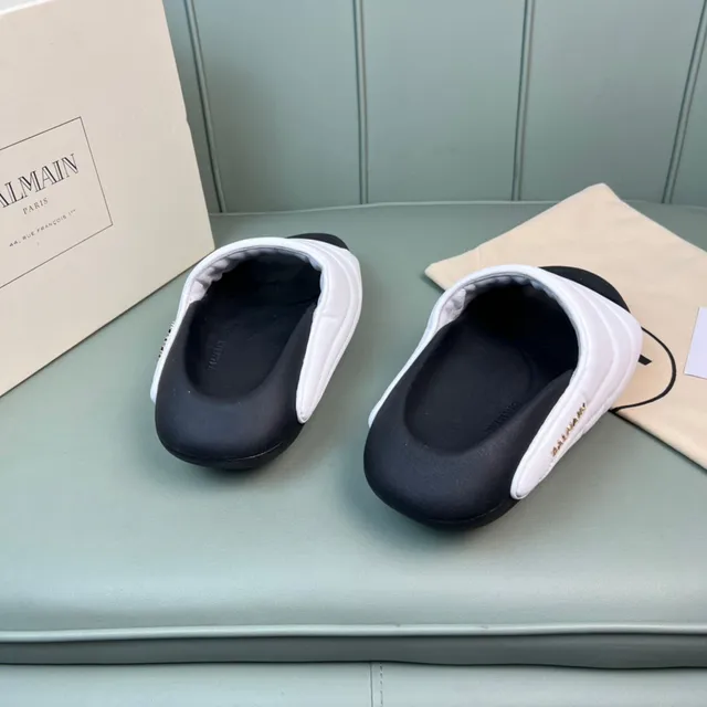 Balmain B-Court White Black Quilted Strap Molded Sole Slippers