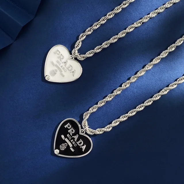 Prada Heart Pendant Necklace White and Black Enamel Rope Chain Necklaces