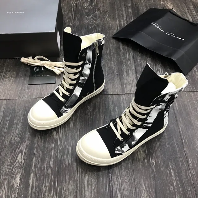 Rick Owens DRKSHDW Black White High-Top Platform Asymmetrical Paneling Ankle Boots