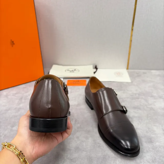 Hermès Double Monk Strap Cap Toe Brown Leather Monk Shoes