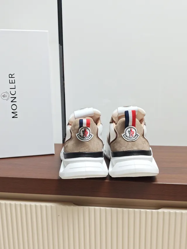 Moncler White Beige Layered Mesh And Suede Upper Oversized Brown 'M' Side Panel Chunky Sneakers