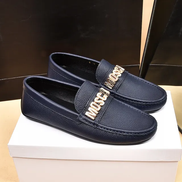 Moschino Logo-Strap Loafer Navy Gold Pebbled Leather Detail Loafer