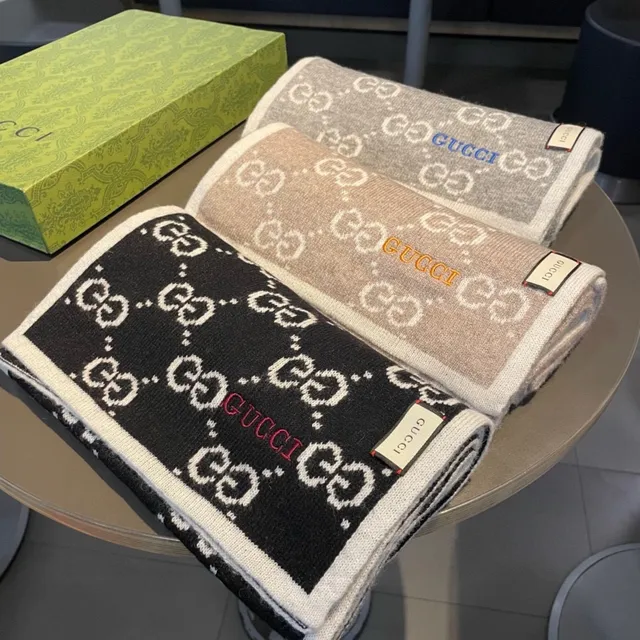 Gucci GG Monogram Knitted Beige and Taupe Cashmere Scarf