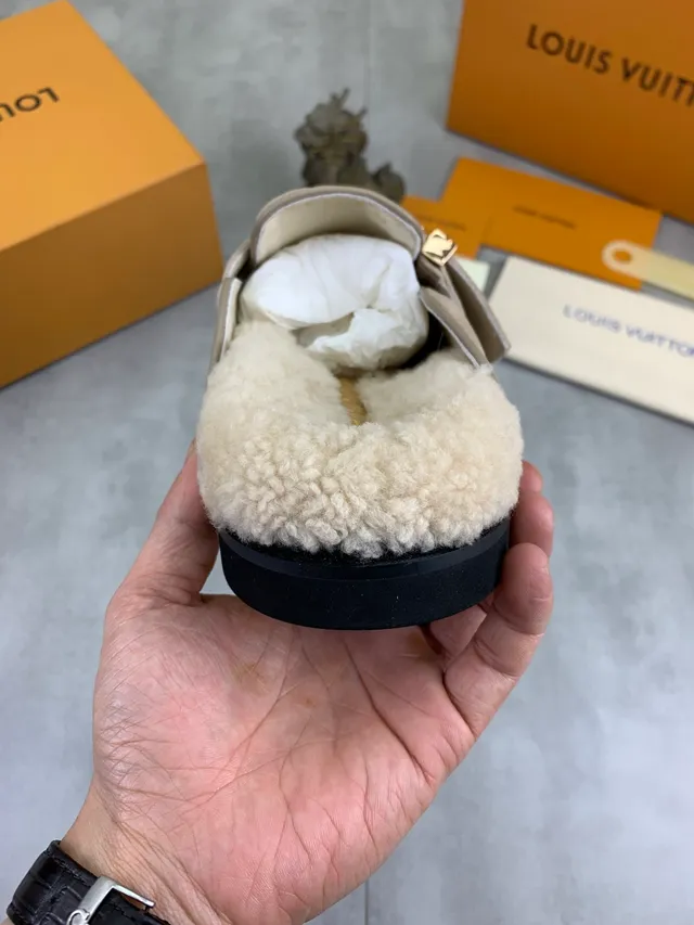 Louis Vuitton Monogram Suede Mule Beige Gold Monogrammed Shearling-Lined Loafer