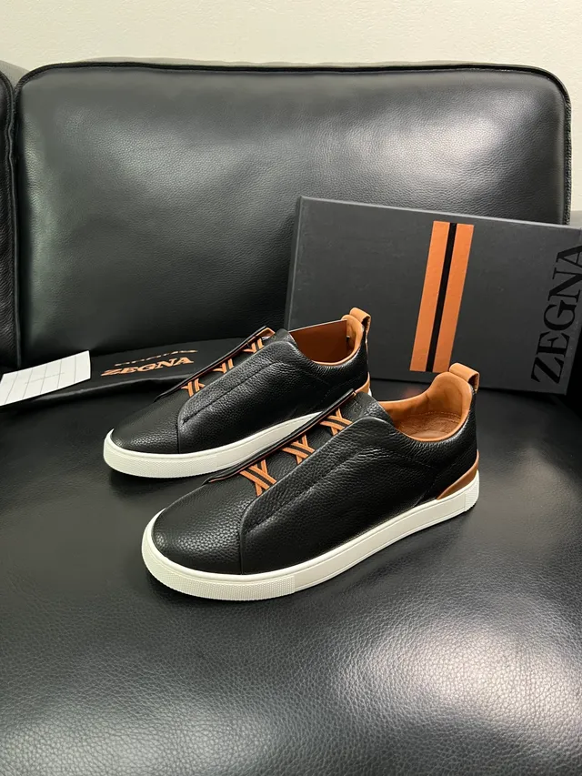 Zegna Black Pebbled Leather Slip-On Lifestyle Sneakers