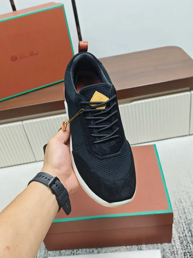 Loro Piana Black Mesh-Suede Low-Top Sneaker
