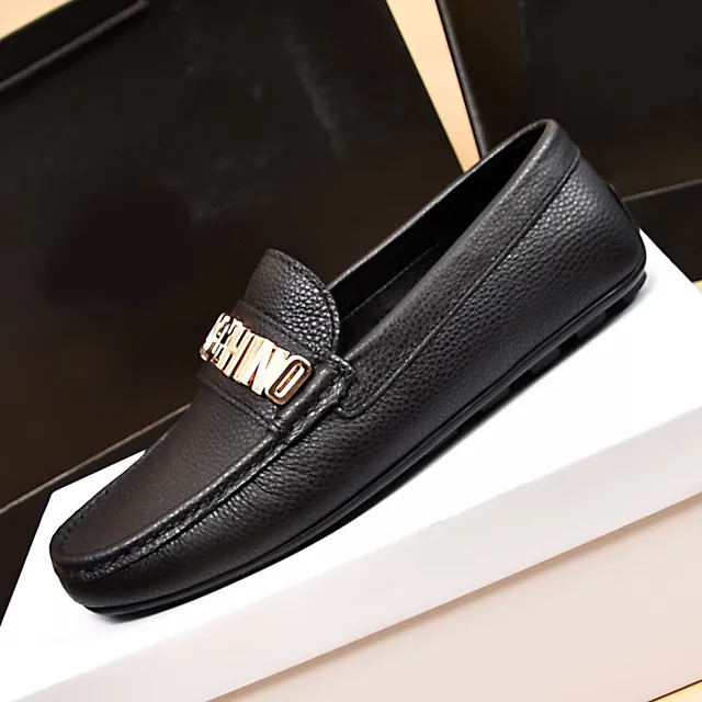 Moschino Logo-Bar Black Gold Pebbled Leather Hardware Loafer