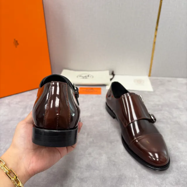 Hermès Double Monk Strap Brown Patent Leather Monk Shoes