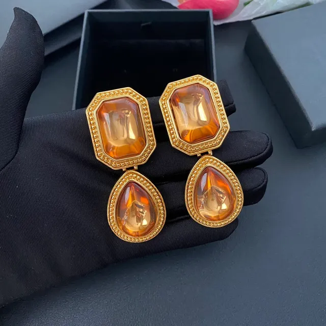 Saint Laurent Amber Resin Dual-Stone Drop Earrings