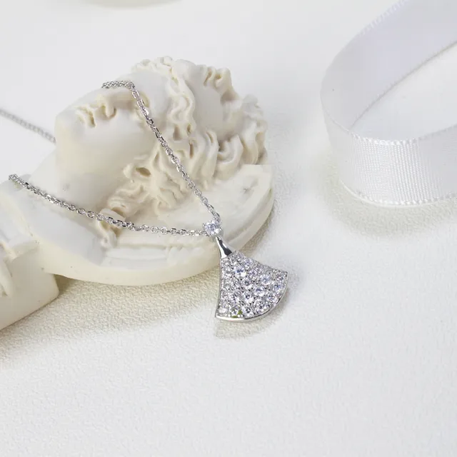 Silver Gold Fan-Shaped Pendant Pavé-Set Stones Necklace