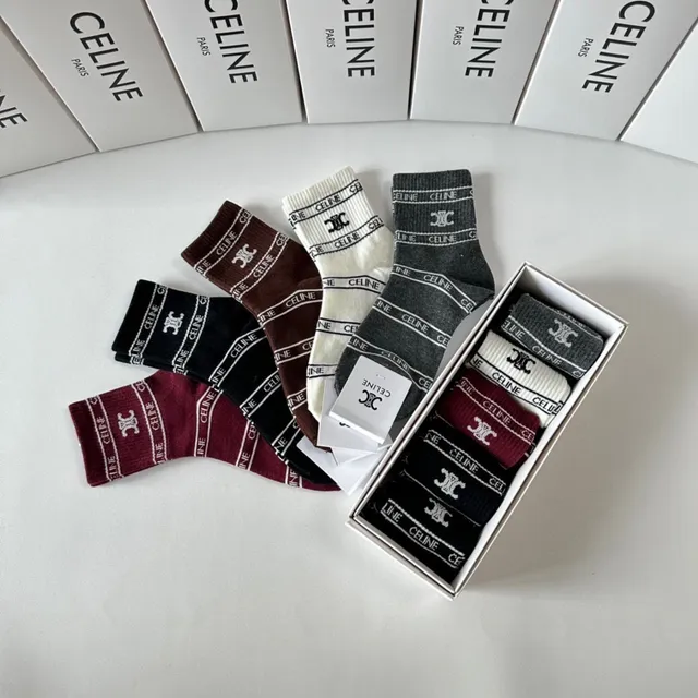Celine Burgundy Black Logo-Band Cuff Ribbed Knit Socks