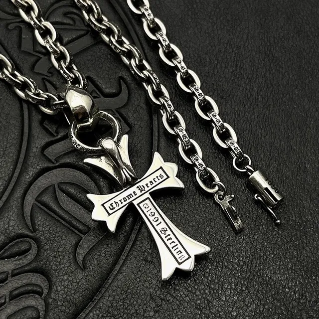 Chrome Hearts Silver Black Gothic Cross Pavé Crystal Necklace
